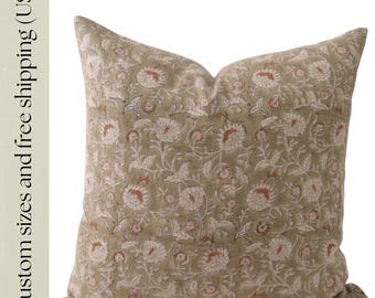 Floral Pillow Cover Spring pillow sage green Throw pillow block print pillow cover Farmhouse Style Home Decor Gift housewarming gift home
