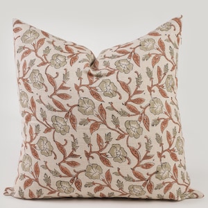 Floral Kissenbezug Frühlingskissen salbei grün Dekokissen Block Print Kissen Bauernhaus Stil braunes Kissen Frühlingsdeko Geschenk für Zuhause