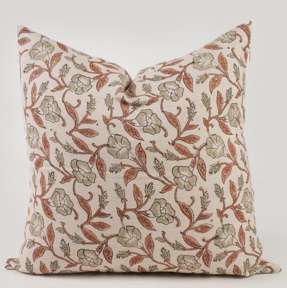 Floral Kissenbezug Frühlingskissen salbei grün Dekokissen Block Print Kissen Bauernhaus Stil braunes Kissen Frühlingsdeko Geschenk für Zuhause