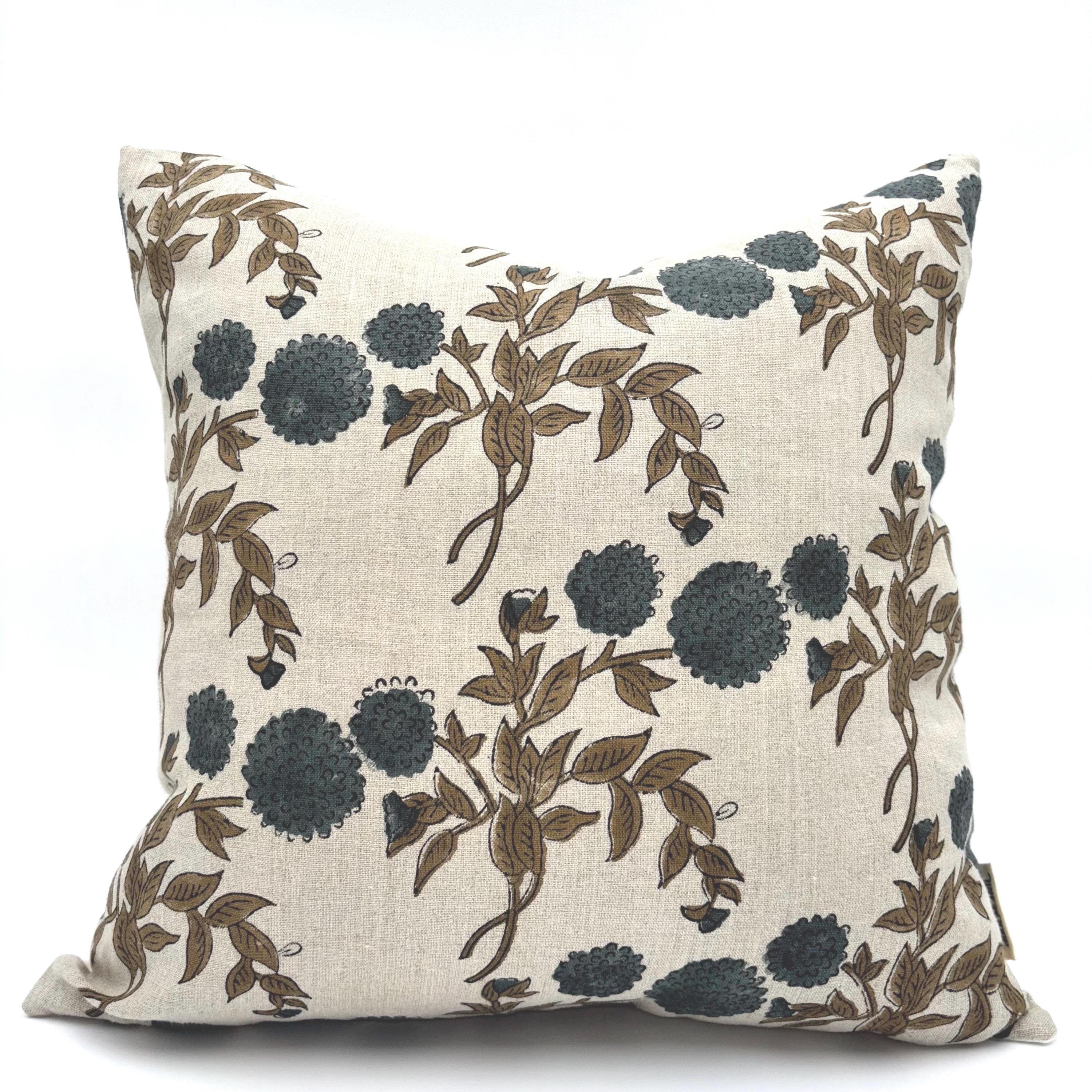 Linen Floral Pillow Cover Block print Blue Flower Design Home Decor Pillow Case Rustic Style Bedroom Accent Sofa Throw housewarming gift