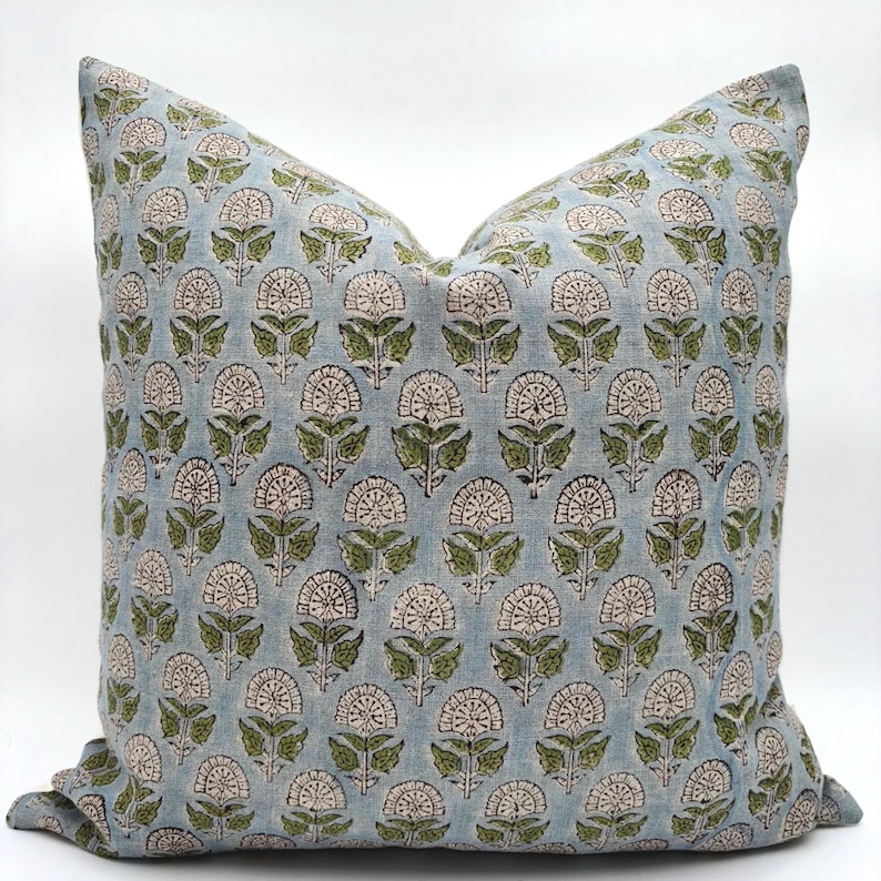 Farmhouse Floral Pillow Cover Blue White Linen Throw Accent Bedroom Decor Rustic Style PIllow Case Multiple Size Options Premium Quality Construction Double Sided Print Design Country Home Collection Beautiful Living Room Essential
