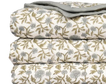 Floral Quilt Blue Block Print Bedding Farmhouse Bedroom Decor green comforter quilted Bedspread Handmade Quilted Blanket Reversible quilt