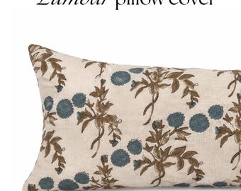 Großer Lendenkissenbezug mit Blumenmuster, blau, Schlafzimmer im Landhausstil, Cottagecore-Dekor, dekorativer Lendenkissenbezug für Sofa