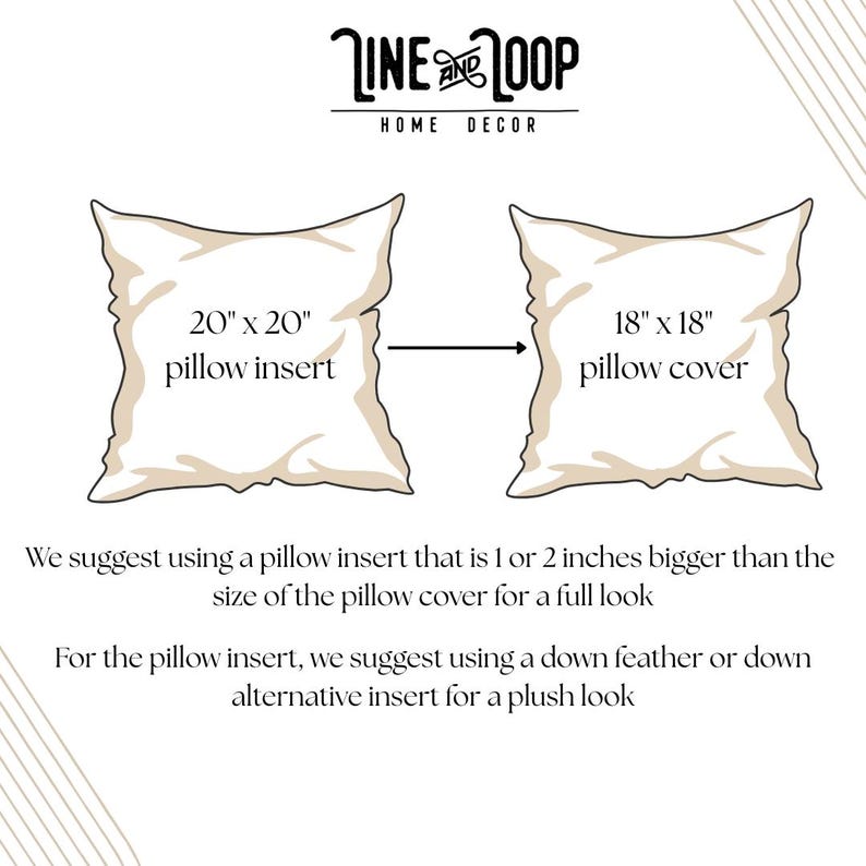 May include: Diagram showing pillow sizing, with a 20" x 20" pillow insert and an 18" x 18" pillow cover. Text advises using an insert 2.5-5 cm larger than the cover for a full look. The Line and Loop Home Decor logo is at the top.
