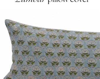 Blumenmuster-Lendenkissenbezug, blau bedruckt, langes Lendenkissen, grünes Dekokissen im Landhausstil, Landhausdeko