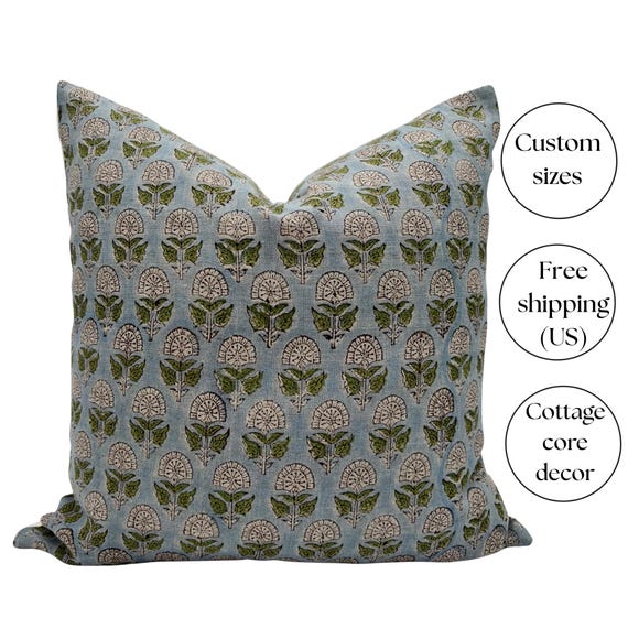 Farmhouse Floral Pillow Cover Blue Green Pillow Throw Accent Bedroom Decor Rustic Style Pillow Case Lumbar Custom Size Throw Pillow Cover