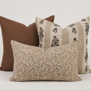 May include: Three decorative throw pillows: one solid dark brown square pillow, one beige square pillow with vertical brown stripes and floral motifs, and one rectangular beige pillow featuring an intricate all-over brown floral vine pattern.