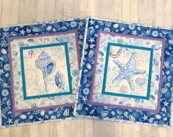 Pair (2) Beach House Coastal Decor Wall Hangings Table Toppers Quilted Fabric Handmade in NC Seashells Starfish