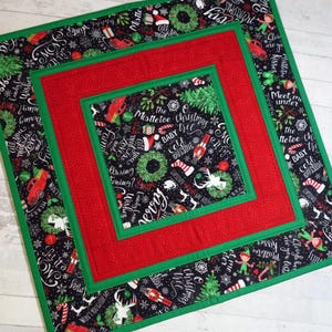 Whimsical Christmas Print Quilted Table Topper 19.5&quot; Holiday Fabric Tabletop Decor Handmade in NC