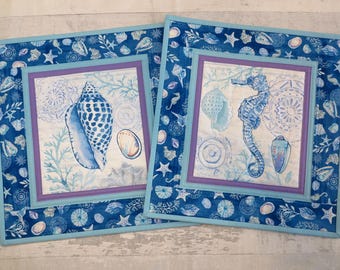 Pair (2) Beach House Coastal Decor Wall Hangings Table Toppers Quilted Fabric Handmade in NC Seahorse Seashells