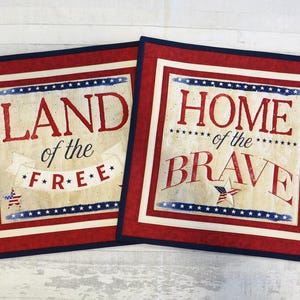 Pair (2) Americana Patriotic Fabric Wall Hangings Table Toppers 16&quot; Star Spangled Banner Wordy Print Handmade in NC