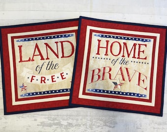 Pair (2) Americana Patriotic Fabric Wall Hangings Table Toppers 16&quot; Star Spangled Banner Wordy Print Handmade in NC