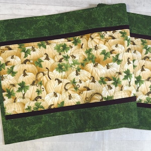 Quilted White Pumpkins Table Runner 41" x 15.5 Fall Autumn Tabletop Decor Handmade in NC
