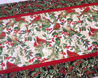 Elegant Cardinals Christmas Quilted Table Runner 41&quot; x 15 Tabletop Decor Handmade Cardinals Holly Mistletoe Handmade in NC