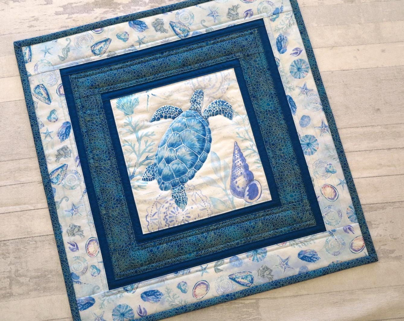 Sea Turtle Fabric Wall Hanging 19"x19.5" Beach House Coastal Decor Quilted Table Topper Handmade in NC