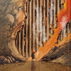 Ilustración original sobre cartón. Arte reciclado en cartón. Pintura original. Acrylic painting, fire, pen.