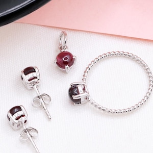 Cabochon Pink Tourmaline Minimal Birthday Jewelry Set For Her, Stud Earrings, Dangle Drop Tiny Charm Pendant, Twisted Stacking Ring Art Deco