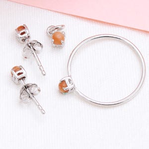 925 Sterling Silver Natural Carnelian Gemstone Jewelry Set For Woman, Minimal Earrings, Tiny Charm Pendant & Stacking Ring, Handmade Fine