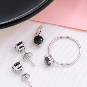 Natural Black Spinel Prong Set Fine Jewelry, Black Spinel Stud Earrings, Tiny Drop Pendant, Stacking Band, 925 Sterling Silver Jewelry Set