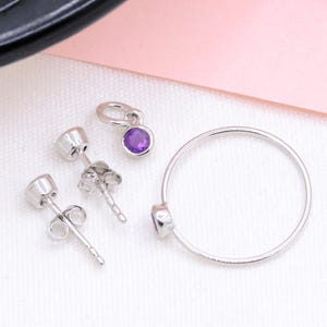 Buy Faceted Cut Amethyst Delicate Woman's Day Gift Jewelry Set, Bezel Set Stacking Band Ring, Stud Earrings & Drop Charm Pendant For Her