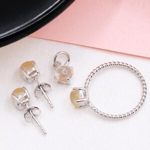 Cabochon Cut Yellow Sapphire Birthday Gift Minimal Jewelry Set, 925 Sterling Silver, Minimal Stud Earrings, Charm Pendant &Twisted Band Ring
