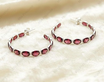 Örhängen i naturlig granat, handgjorda örhängen i 925 sterlingsilver, minimalistiska smycken, födelsedagspresent.