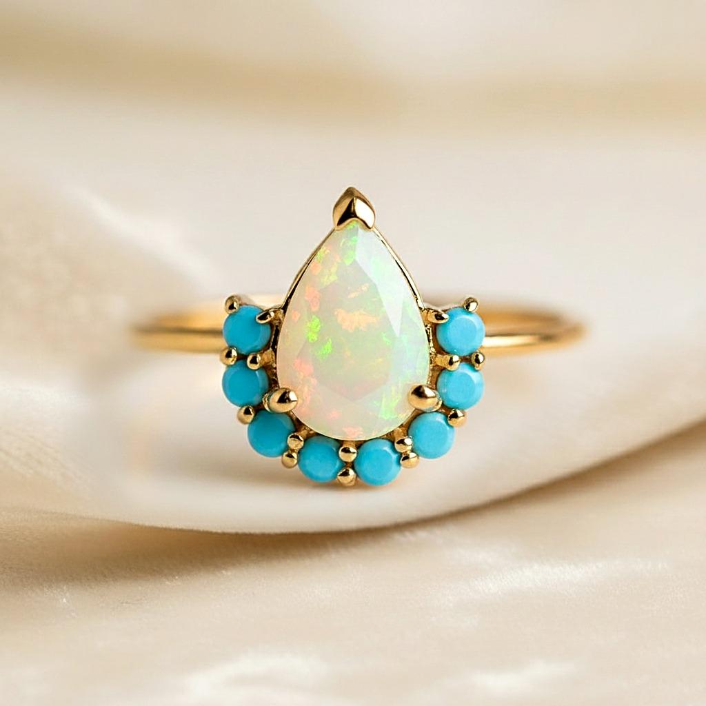 Opal & Arizono Turquoise Ring | Handmade Gold Plated Ring | October ...