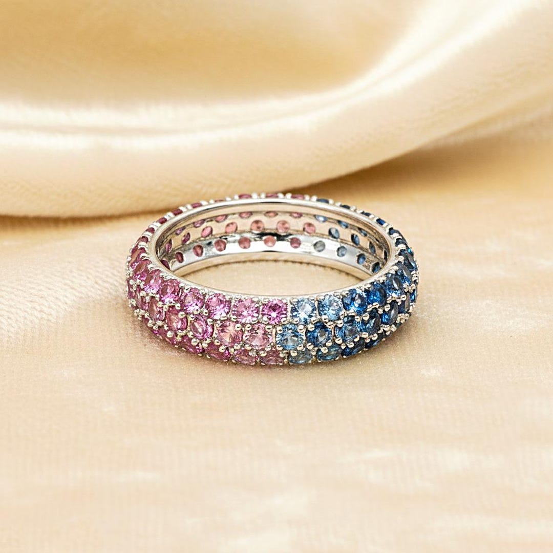 Natural Pink & Blue Sapphire Eternity Ring | Handmade 14k White Gold ...