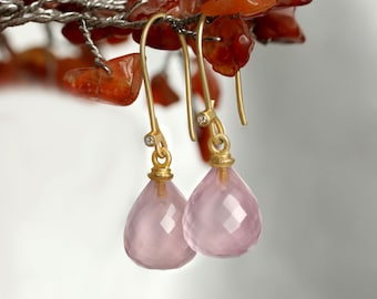 Orecchini Lunghi A Goccia In Quarzo Rosa Sfaccettato Qualità AA - Argento 925 3,5 Cm