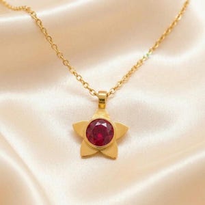 Può includere: Collana dorata con pendente a forma di stella. Il pendente presenta una gemma rotonda rosso intenso al centro della stella. La catena è delicata, su uno sfondo di raso color crema. Un gioiello.