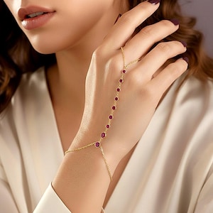 Pulsera de cadena de mano de rubí hecha a mano / Pulsera de dedo de plata esterlina 925 / Joyería fina minimalista.
