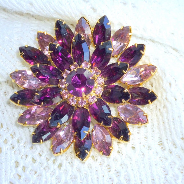 Vintage Purple Rhinestone Flower Brooch Amethyst Purple Layered Star Flower Pale Pink Marquis