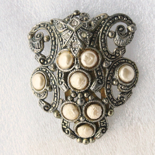 Vintage Large Dress Clip Brass Faux Blister Pearls Rhinestones