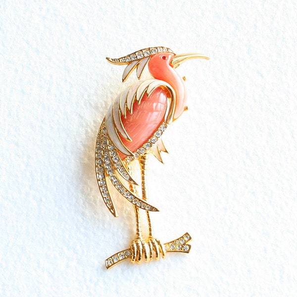 Pink Heron Brooch Vintage Flamingo Bird Figural Pin Rhinestones Enamel Lucite Unsigned Hattie Carnegie
