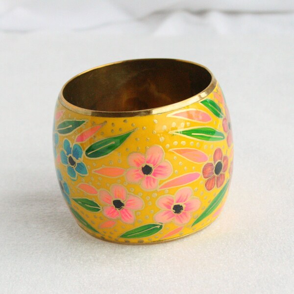 Wide Yellow Enamel Bracelet Vintage Brass Floral Bangle