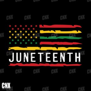 May include: A distressed American flag with red, white, and blue stripes and a field of stars. The flag is overlaid with a green, yellow, and red stripe pattern. The text "JUNETEENTH" is written in white letters across the center of the flag.