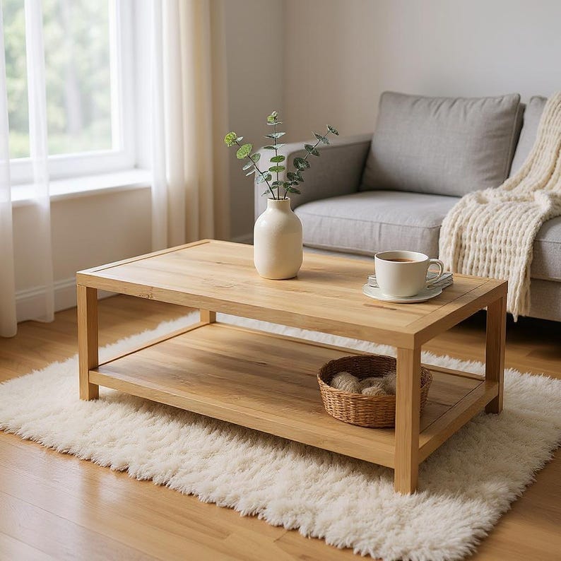 Solid White Oak Coffee Table with Shelf | Modern Craftsman Hardwood Furniture image 5