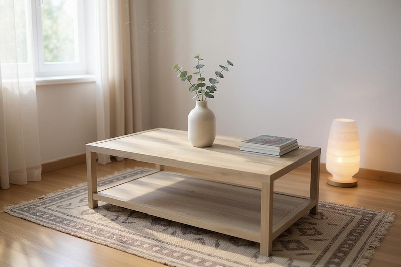 Solid White Oak Coffee Table with Shelf | Modern Craftsman Hardwood Furniture image 2