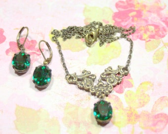 Julieta Esmeralda Verde Vintage Swarovski Rhinestone Collar n Pendiente Set Estate Inspirado Art Déco