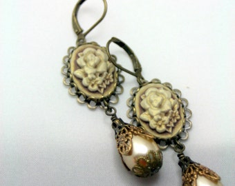 Brown Sugar Shimmer Cameo Earrings Dangle Pearls Champagne Botanical Romantic