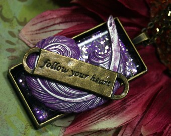 Follow Your Heart Collage Necklace Purple Feather Sentimental Assemblage OOAK