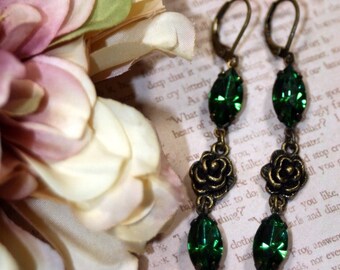 Rose Trellis Long Lean Dangle Earrings w Vintage Swarovski Crystals