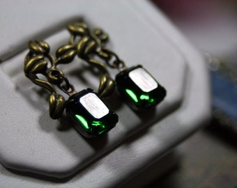 Twiggy Emerald Green Vintage Swarovski Brass Earrings Dolce Ghiacco