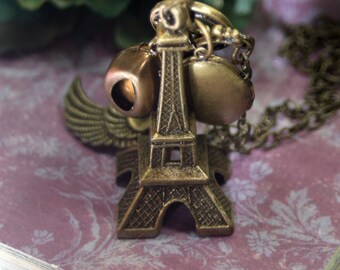 Once in a Lifetime Trip  Charm Necklace Paris Locket Vintage Rhinestone Angel Fairy Wings