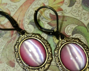 Pixie Dust Pink Cats Eye Victorian Dangle Earrings Feminine Petite Darling Whimsy