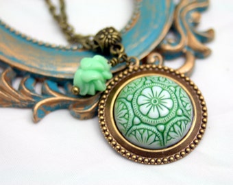 Whimsy Vintage Glass Pendant Necklaces Green Spanish Tile Style