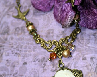 Nature's Fairytale Romantic Necklace Swallows Crystals Pearls Oh My Ivory Colored Rose