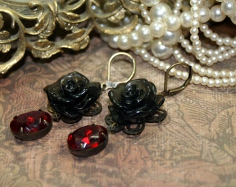 Macabre Siam Red Vintage Swarovski Rhinestones Dangle Earrings, Smokey Black Roses