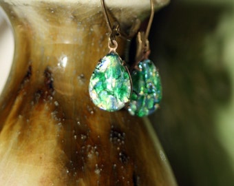 Out of Chaos Emerald Green Fire Opal Dangle Earrings Petite Feminine Mystical Glowing Vintage Harlequin Art Glass