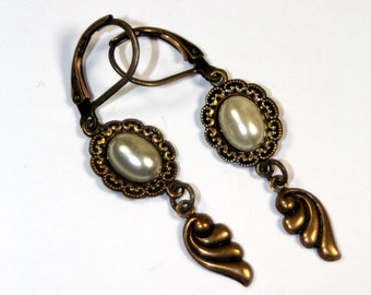 On Angel Wings Vintage Pearl Earrings in Antique Brass